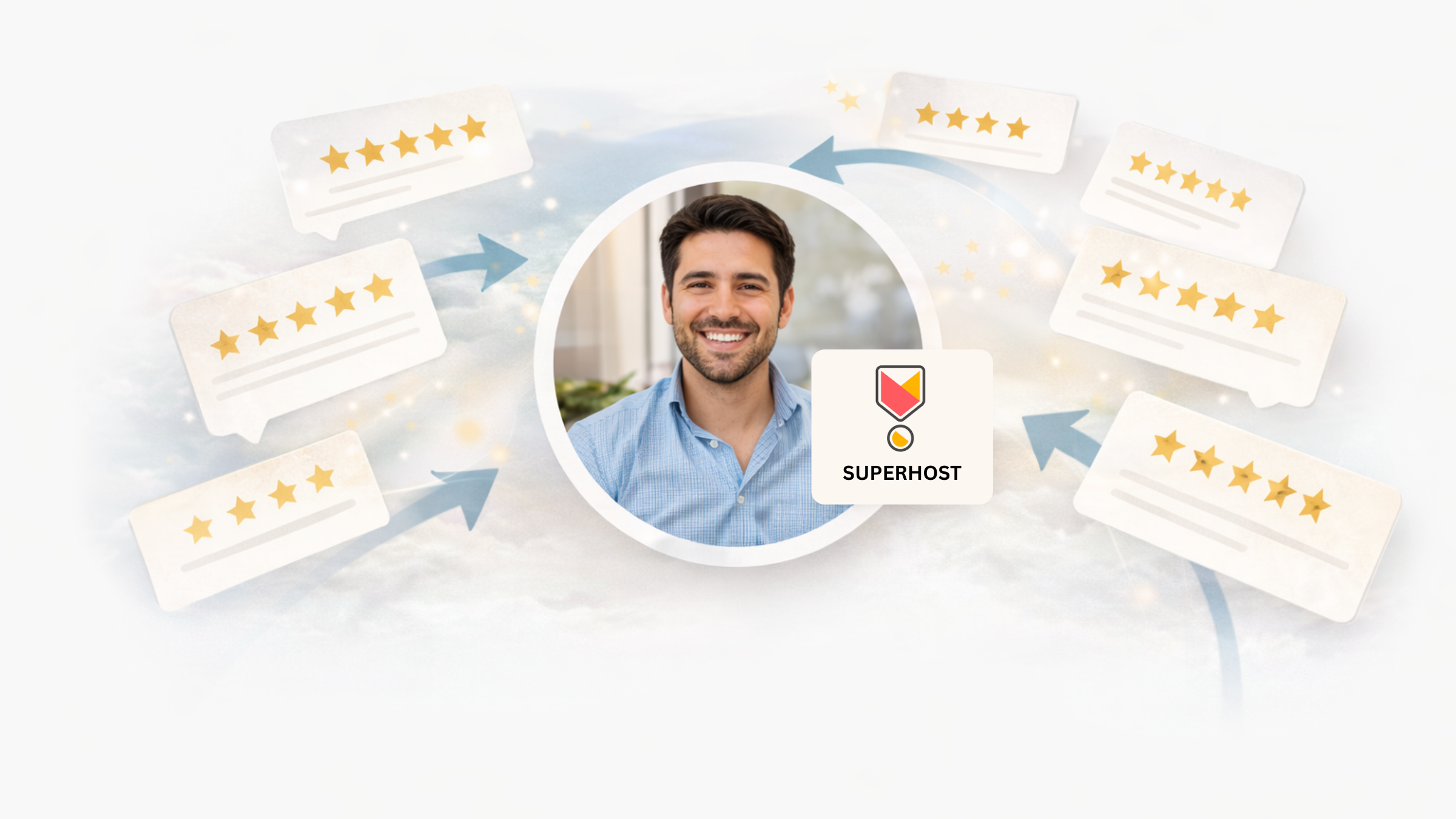 Five-star guest reviews flowing into an Airbnb Superhost owner profile, illustrating how reviews build reputation and long-term performance.
